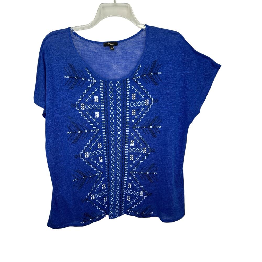 Cupio Blue Linen Viscose Embroidered Front Lightweight Scoop Neck Boho Top XL